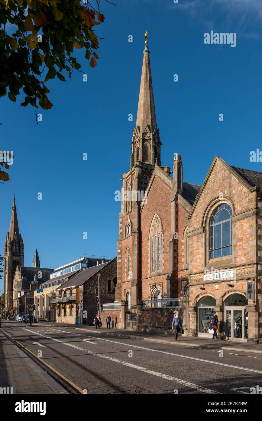 4 October 2022. Inverness, Highlands and Islands, Scotland. This is a view along Bank Street next to the River Ness with its Churches. Stock Photo