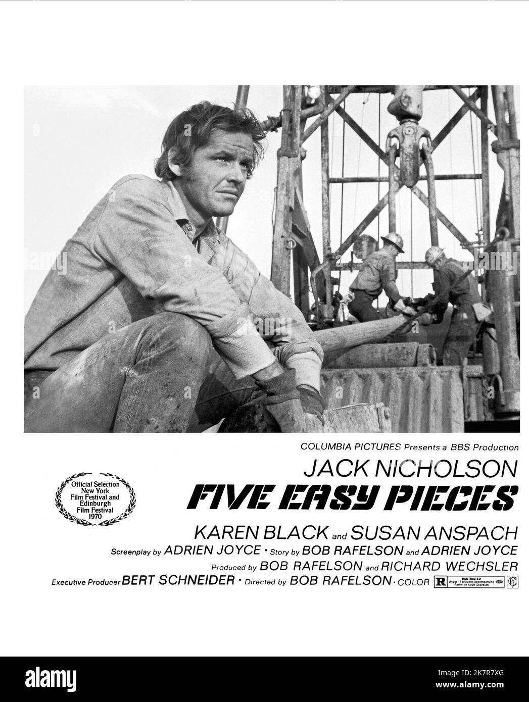 Jack Nicholson Poster Film: Five Easy Pieces (USA 1970) Characters: Robert Eroica Dupea  Director: Bob Rafelson 11 September 1970   **WARNING** This Photograph is for editorial use only and is the copyright of COLUMBIA and/or the Photographer assigned by the Film or Production Company and can only be reproduced by publications in conjunction with the promotion of the above Film. A Mandatory Credit To COLUMBIA is required. The Photographer should also be credited when known. No commercial use can be granted without written authority from the Film Company. Stock Photo