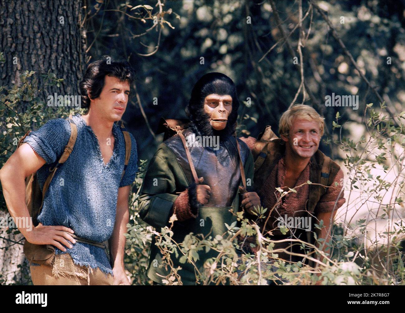 James Naughton, Roddy Mcdowall & Ron Harper Television: Planet Of The Apes (1974) Characters: Pete Burke, Galen, Alan Virdon  13 October 1974   **WARNING** This Photograph is for editorial use only and is the copyright of 20TH CENTURY FOX TELEVISION and/or the Photographer assigned by the Film or Production Company and can only be reproduced by publications in conjunction with the promotion of the above Film. A Mandatory Credit To 20TH CENTURY FOX TELEVISION is required. The Photographer should also be credited when known. No commercial use can be granted without written authority from the Fil Stock Photo