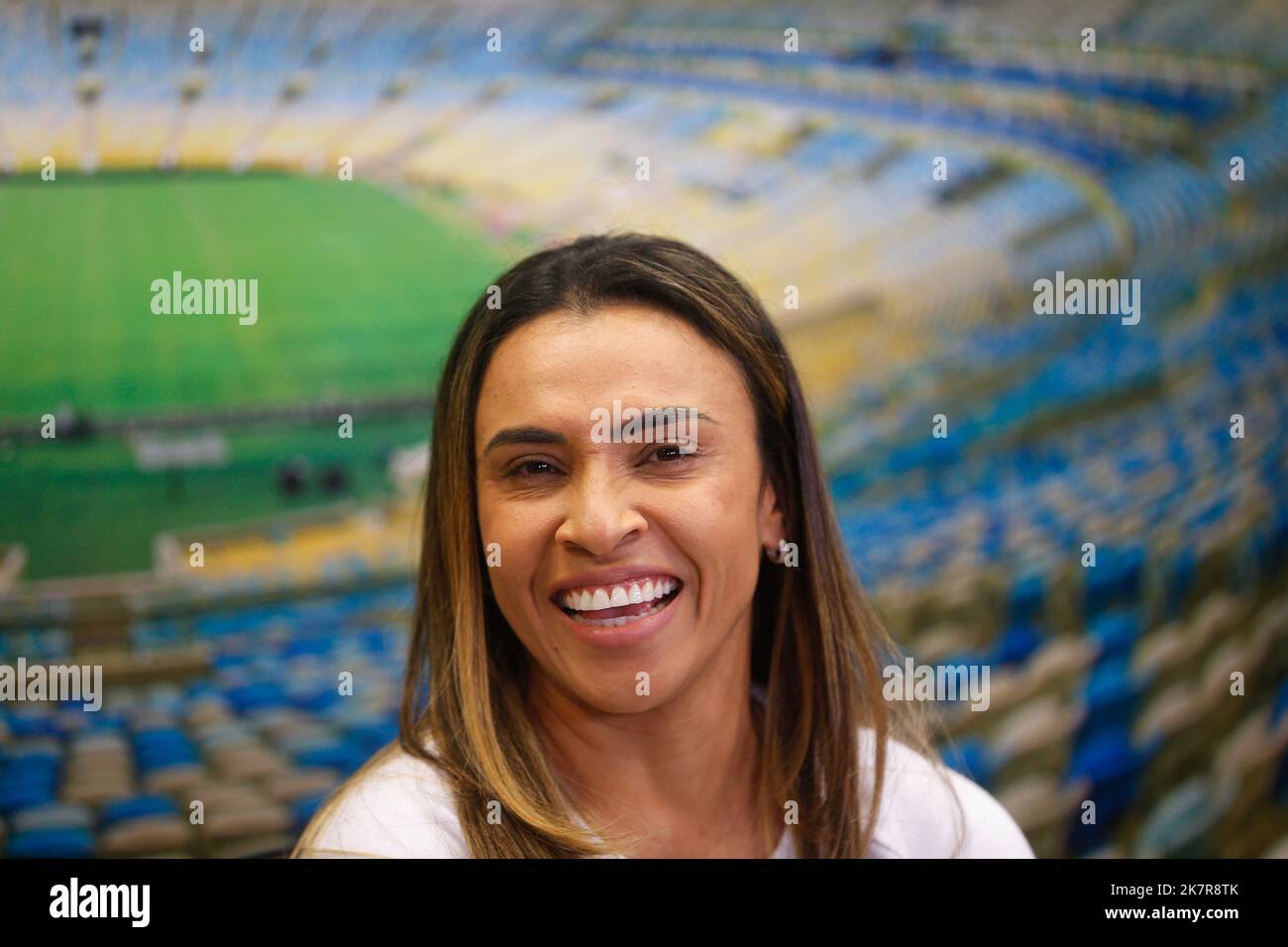 Marta soccer player portrait at Maracanã Stadium background. Marta Vieira da Silva female forward of brazilian football national team, Stock Photo
