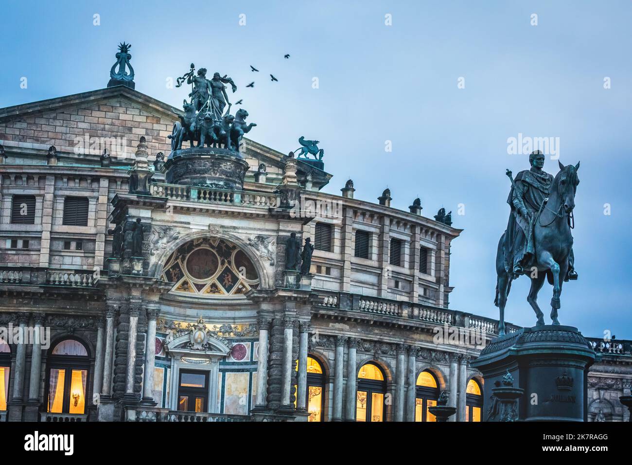 Semper Opera House Dresden illuminated at evening, Germany Stock Photo