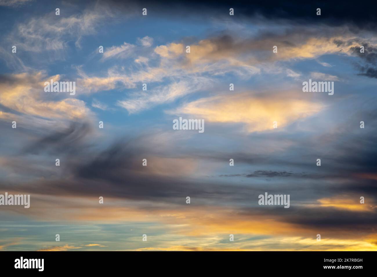 Sunrise dramatic sky with clouds in a row, colorful cloudscape Stock Photo