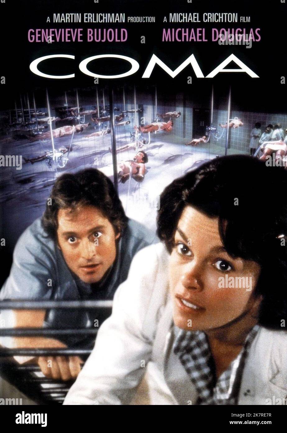 Michael Douglas & Genevieve Bujold Poster Film: Coma (USA 1978) Characters: Dr. Mark Bellows, Dr. Susan Wheeler  / Literaturverfilmung (Based On The Book By Robin Cook) Director: Michael Crichton 06 January 1978   **WARNING** This Photograph is for editorial use only and is the copyright of MGM and/or the Photographer assigned by the Film or Production Company and can only be reproduced by publications in conjunction with the promotion of the above Film. A Mandatory Credit To MGM is required. The Photographer should also be credited when known. No commercial use can be granted without written Stock Photo
