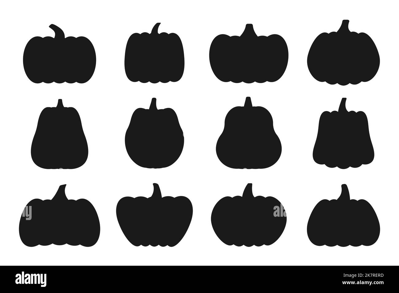Pumpkins black silhouette flat icons set. Halloween sign kit. Thanksgiving pictogram collection farm harvest, closeup squash vegetable. Simple pumpkin cartoon contour icon symbol isolated on white Stock Vector