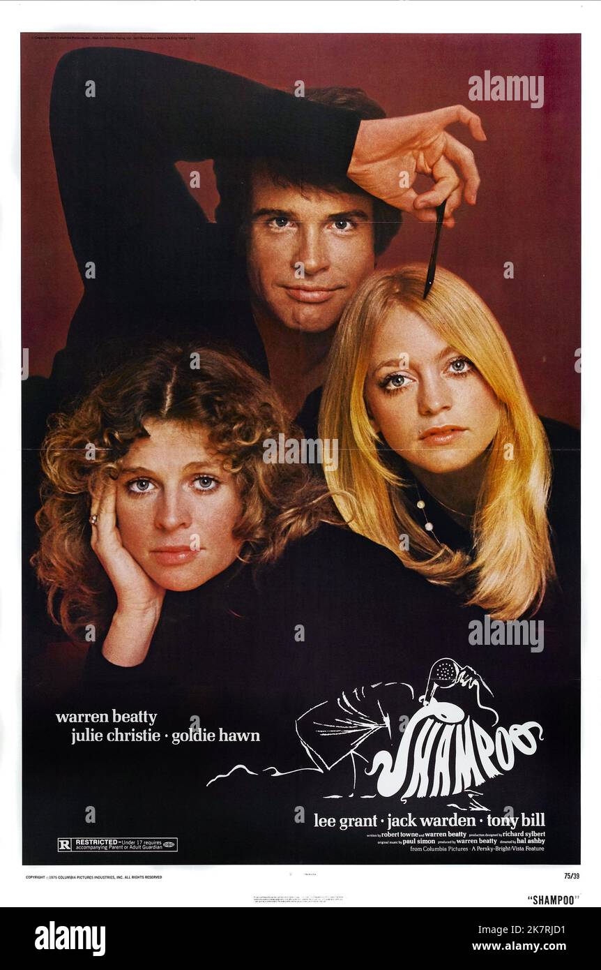 Julie Christie, Warren Beatty, Goldie Hawn Poster Film: Shampoo (USA 1975) Characters: Jackie Shawn, George Roundy, Jill  Director: Hal Ashby 11 February 1975   **WARNING** This Photograph is for editorial use only and is the copyright of COLUMBIA and/or the Photographer assigned by the Film or Production Company and can only be reproduced by publications in conjunction with the promotion of the above Film. A Mandatory Credit To COLUMBIA is required. The Photographer should also be credited when known. No commercial use can be granted without written authority from the Film Company. Stock Photo