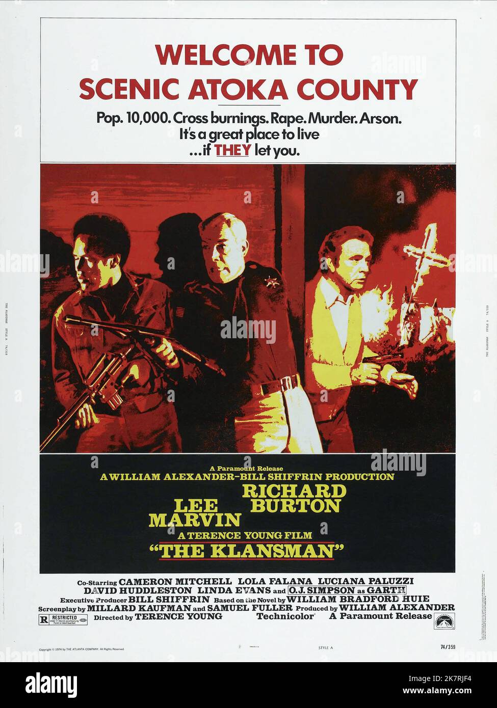 O.J. Simpson, Lee Marvin & Richard Burton Poster Film: The Klansman; Burning Cross (1979) Characters: Garth, Sheriff Track Bascomb, Breck Stancill  Director: Terence Young 25 October 1974   **WARNING** This Photograph is for editorial use only and is the copyright of ATLANTA PRODUCTIONS and/or the Photographer assigned by the Film or Production Company and can only be reproduced by publications in conjunction with the promotion of the above Film. A Mandatory Credit To ATLANTA PRODUCTIONS is required. The Photographer should also be credited when known. No commercial use can be granted without Stock Photo