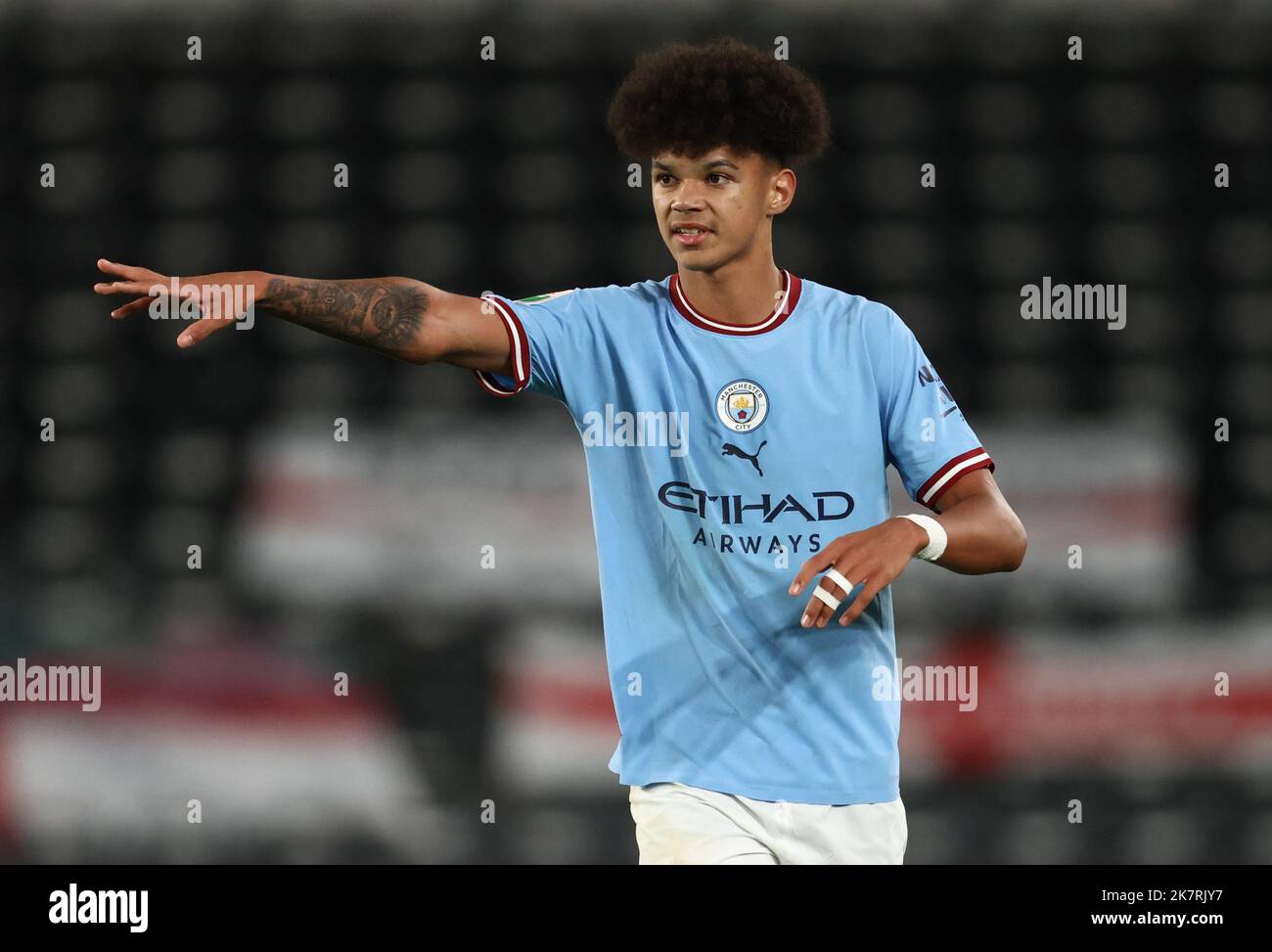 Derby, England, 18th October 2022.   Nico OÕReilly of Manchester City during the Papa Johns Trophy match at Pride Park Stadium, Derby. Picture credit should read: Darren Staples / Sportimage Stock Photo