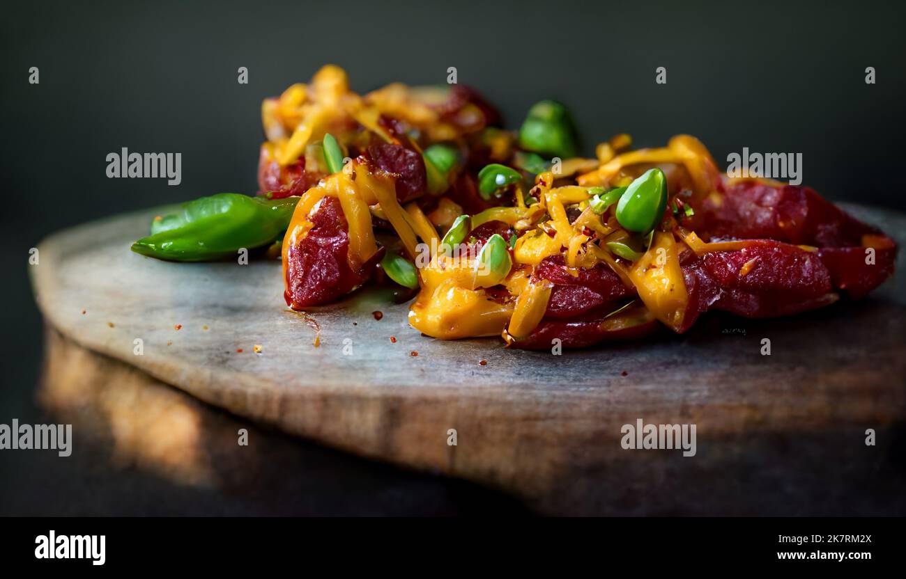 Homemade spicy chili with green peppers and cheese. Served on a wooden