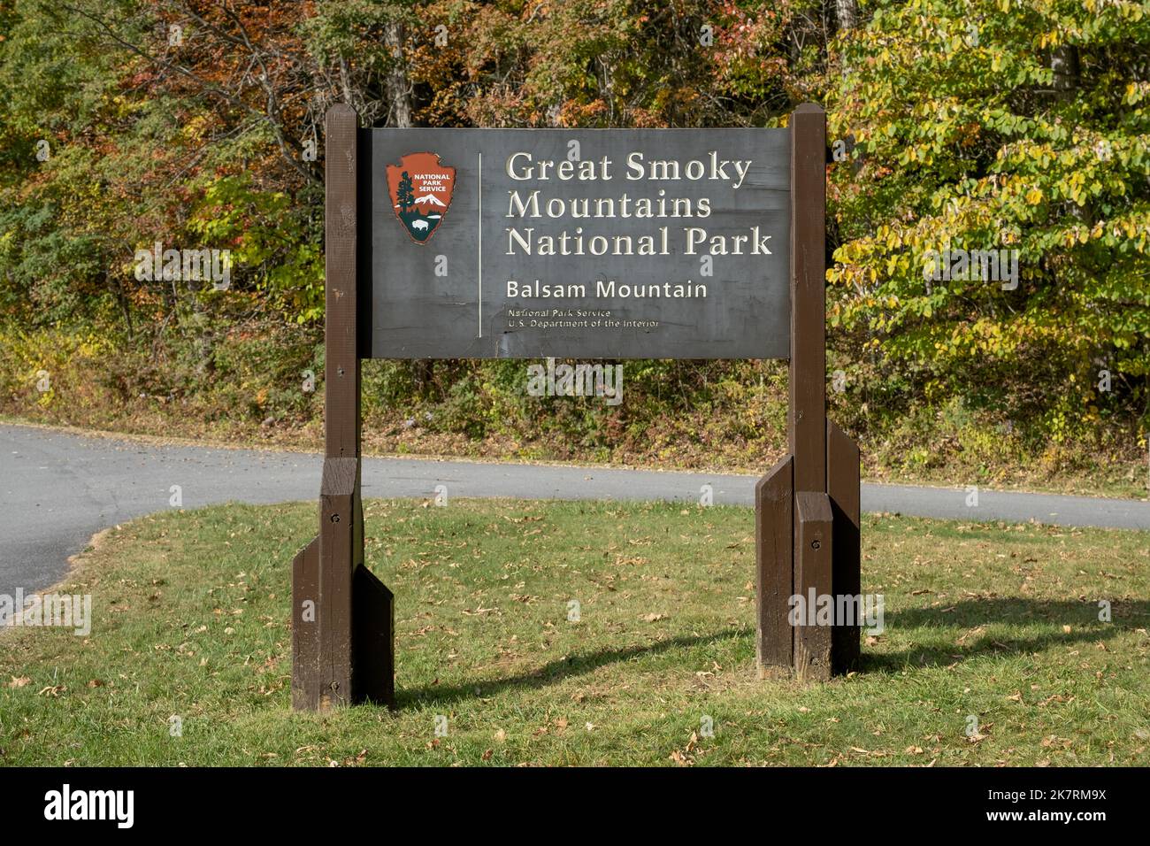 Great Smoky Mountains National Park Sign post marking the entrance to Balsam Mountain. Stock Photo