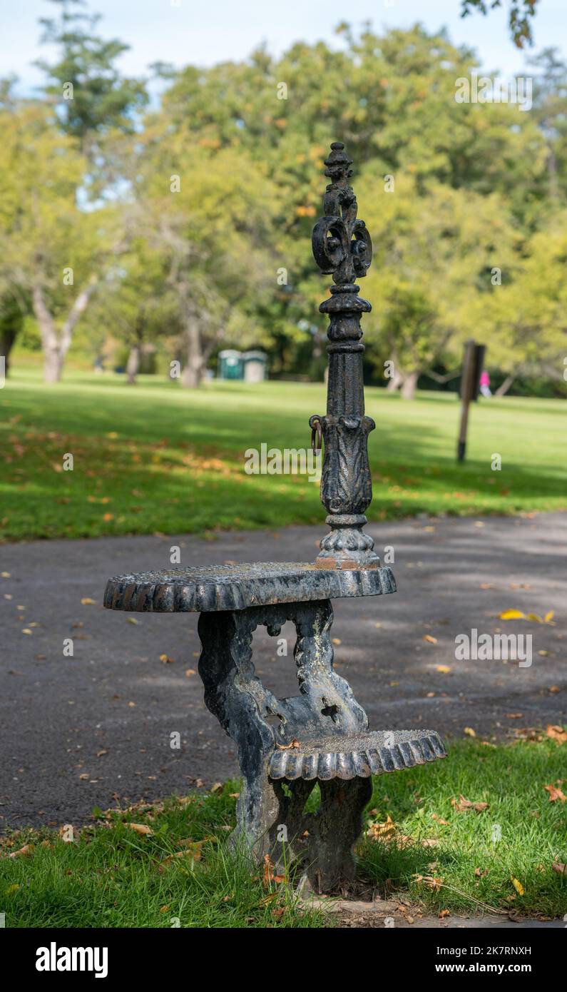 Cast iron antique steps and hitching post to help rider get onto a horse Stock Photo