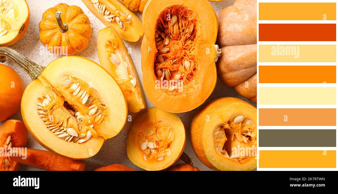 Many cut pumpkins, top view. Different color patterns Stock Photo - Alamy