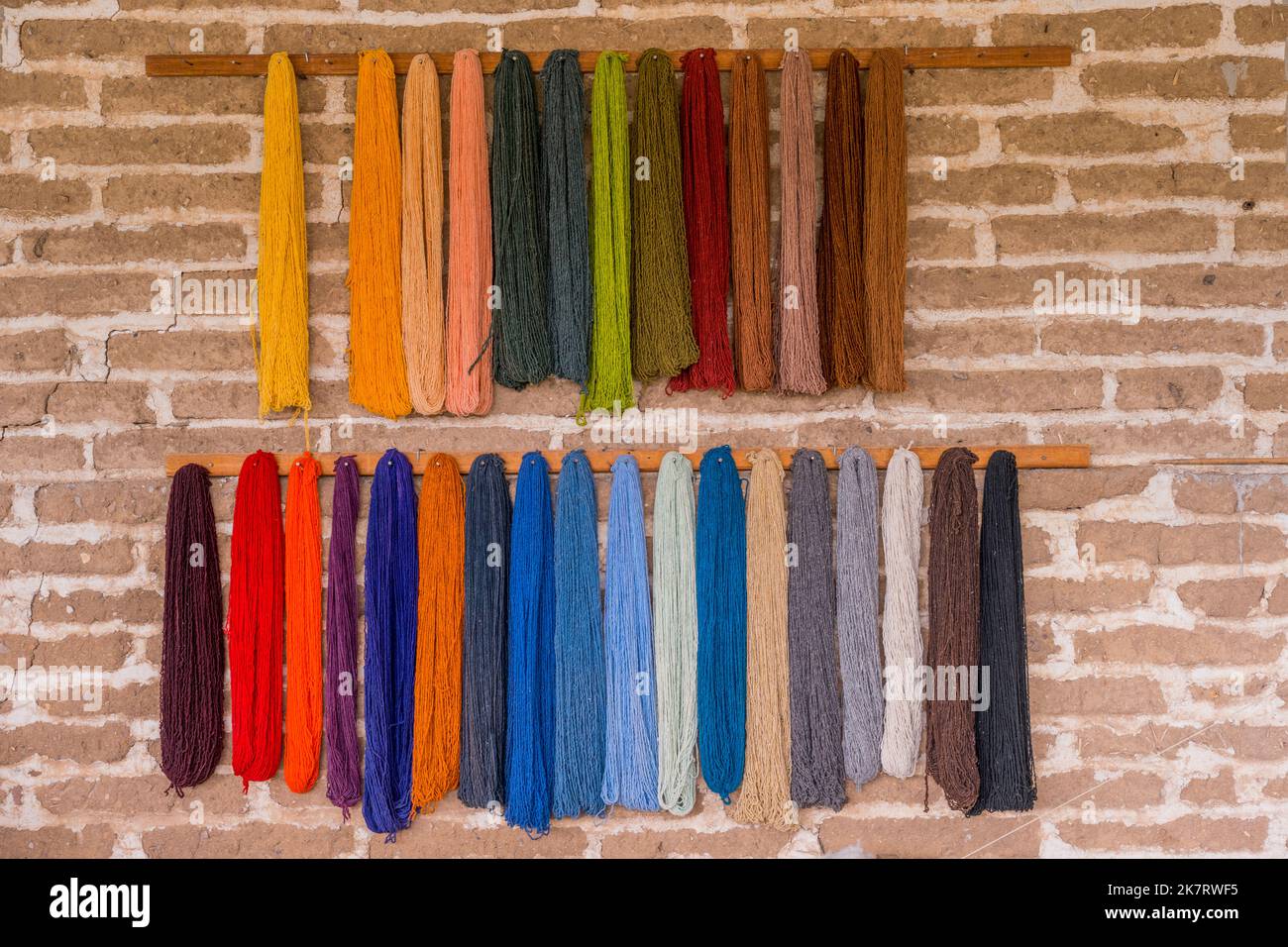 Dyed wool at a weavers home in Teotitlan del Valle, a small town in the Valles Centrales Region near Oaxaca, southern Mexico. Stock Photo