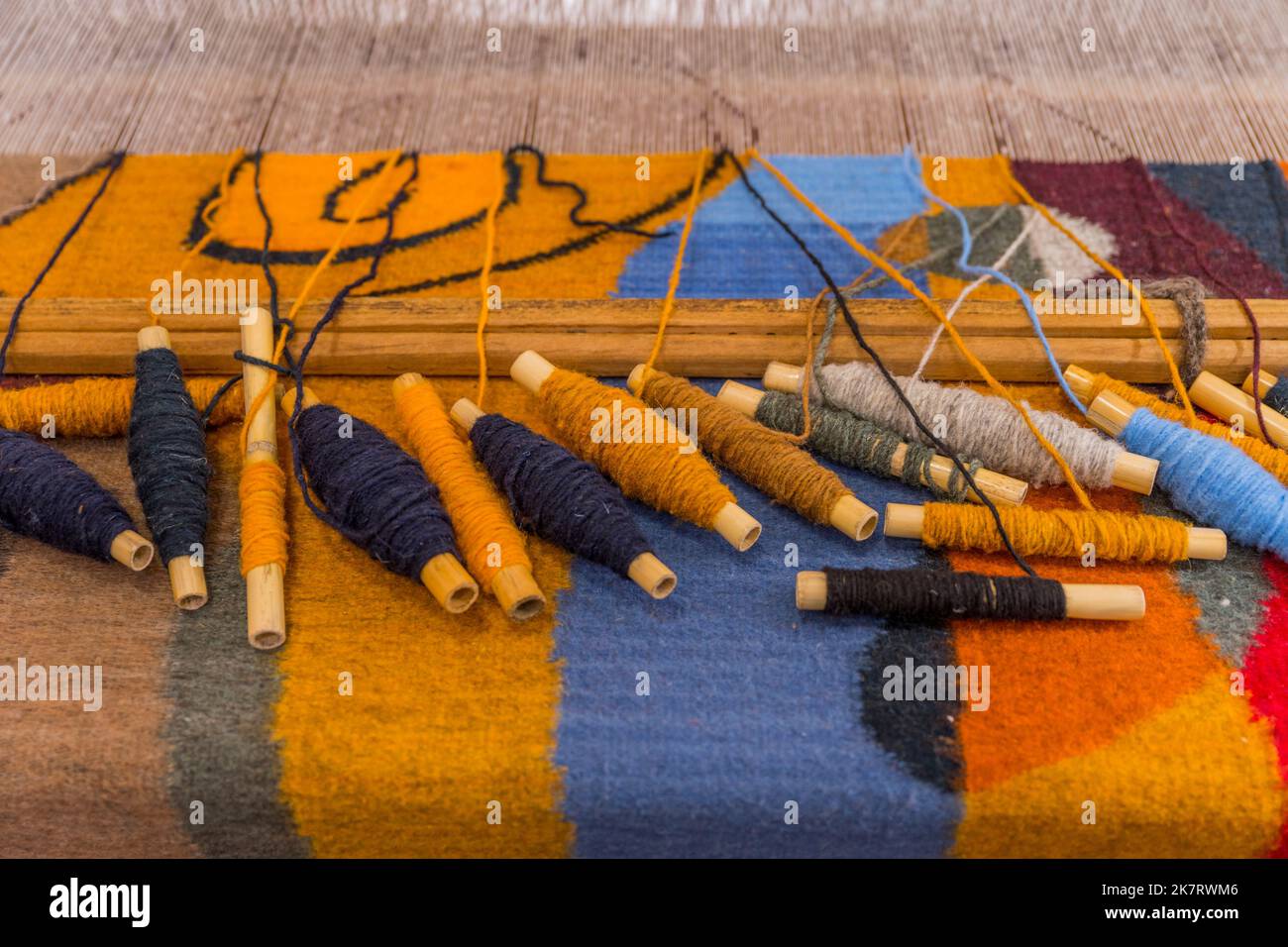 A weaving loom at a weavers home in Teotitlan del Valle, a small town in the Valles Centrales Region near Oaxaca, southern Mexico. Stock Photo