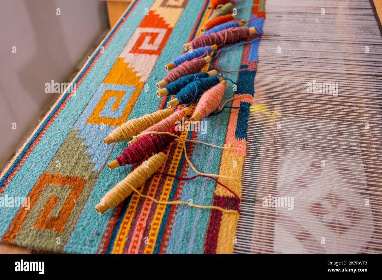 A weaving loom at a weavers home in Teotitlan del Valle, a small town in the Valles Centrales Region near Oaxaca, southern Mexico. Stock Photo