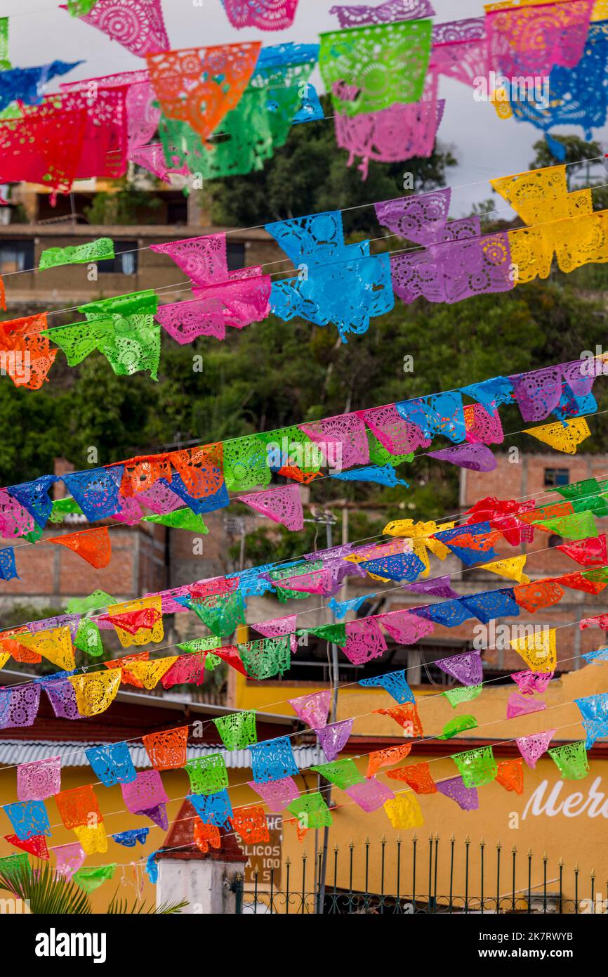 Papel picado decorations at the Preciosa Sangre de Cristo Church in Teotitlan del Valle, a small town in the Valles Centrales Region near Oaxaca, sout Stock Photo
