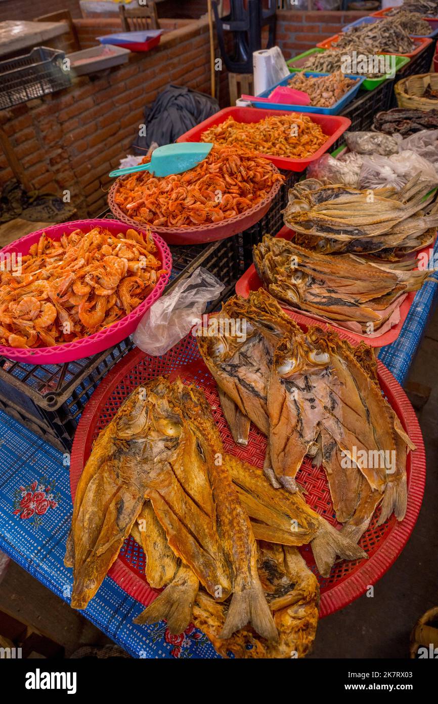 Dried fish for sale in the market hall of the daily market in Teotitlan del Valle, a small town in the Valles Centrales Region near Oaxaca, southern M Stock Photo