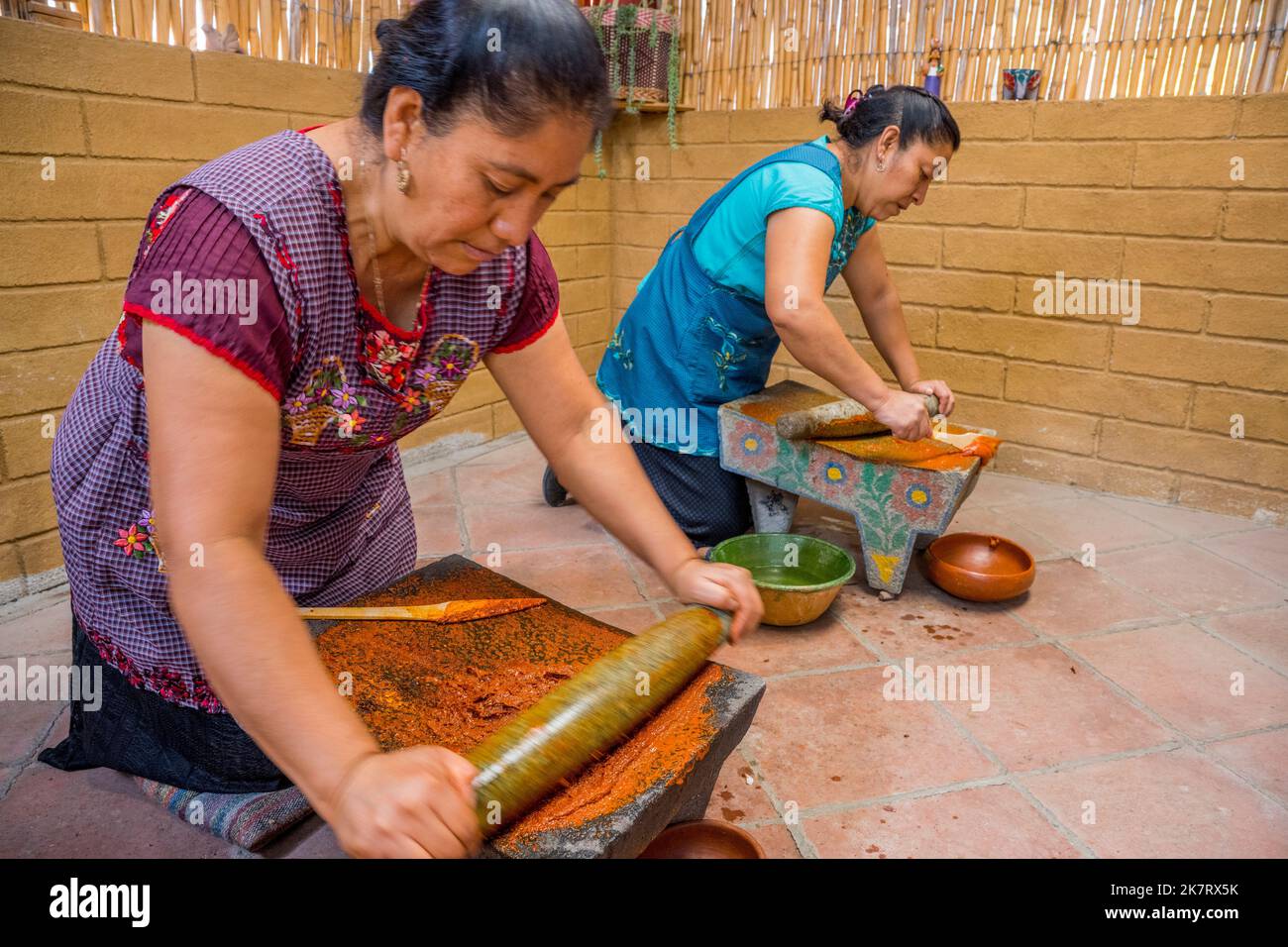 Reina, the owner of El Sabor Zapoteco cooking school in Teotitlan del Valle, a small town in the Valles Centrales Region near Oaxaca, southern Mexico, Stock Photo