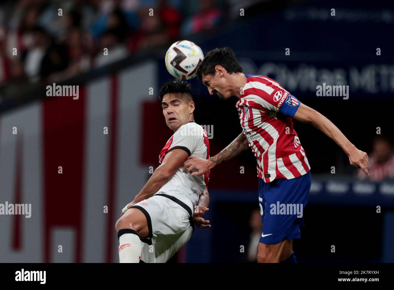 Madrid, Spanien. 18th Oct, 2022. Madrid Spain; 18.10.2022.- Atletico de Madrid Savic (R) and Rayo Vallecano player Falcao (L). Atlético de Madrid vs Rayo Vallecano Football match between Madrid teams from the Spanish League on matchday 10 held at Civitas Metropolitano Stadium to capital of the Kingdom of Spain and ended in a tie at 1. Atletico Madrid goal by Morata 20  Rayo Vallecano goal by Radamel Falcao 90 2' penalty Credit: Juan Carlos Rojas/dpa/Alamy Live News Stock Photo