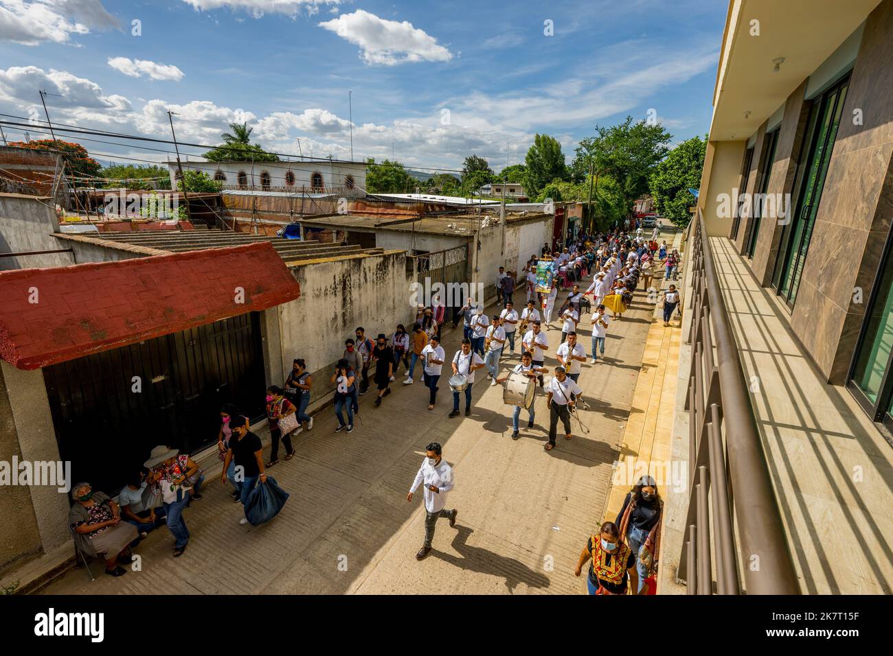 View of the Parade of Delegations to the Guelaguetza in the streets of San Antonino Castillo Velasco near Oaxaca, Mexico. Stock Photo