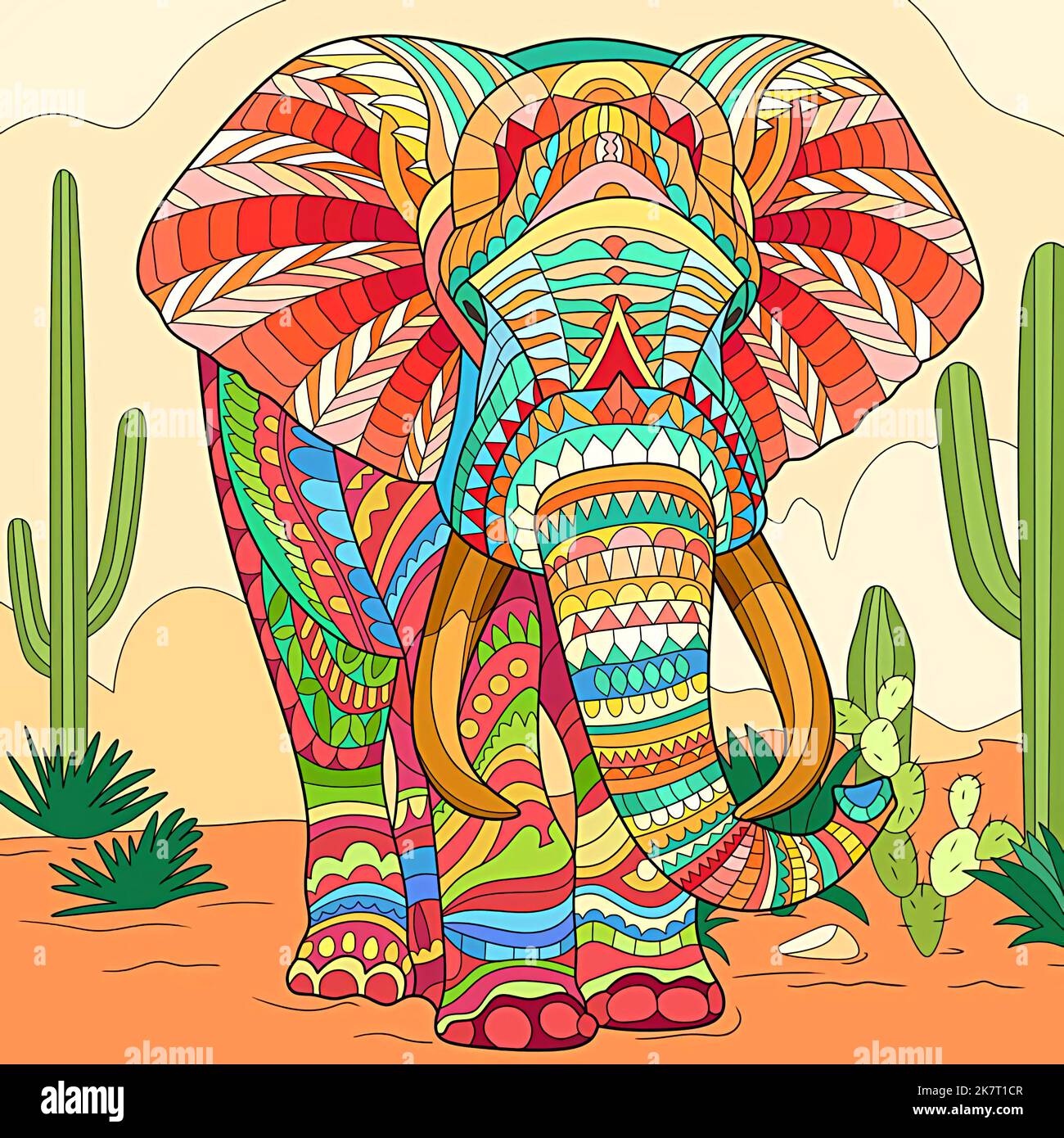 illustration of an elephant in the desert with batik motif Stock Photo