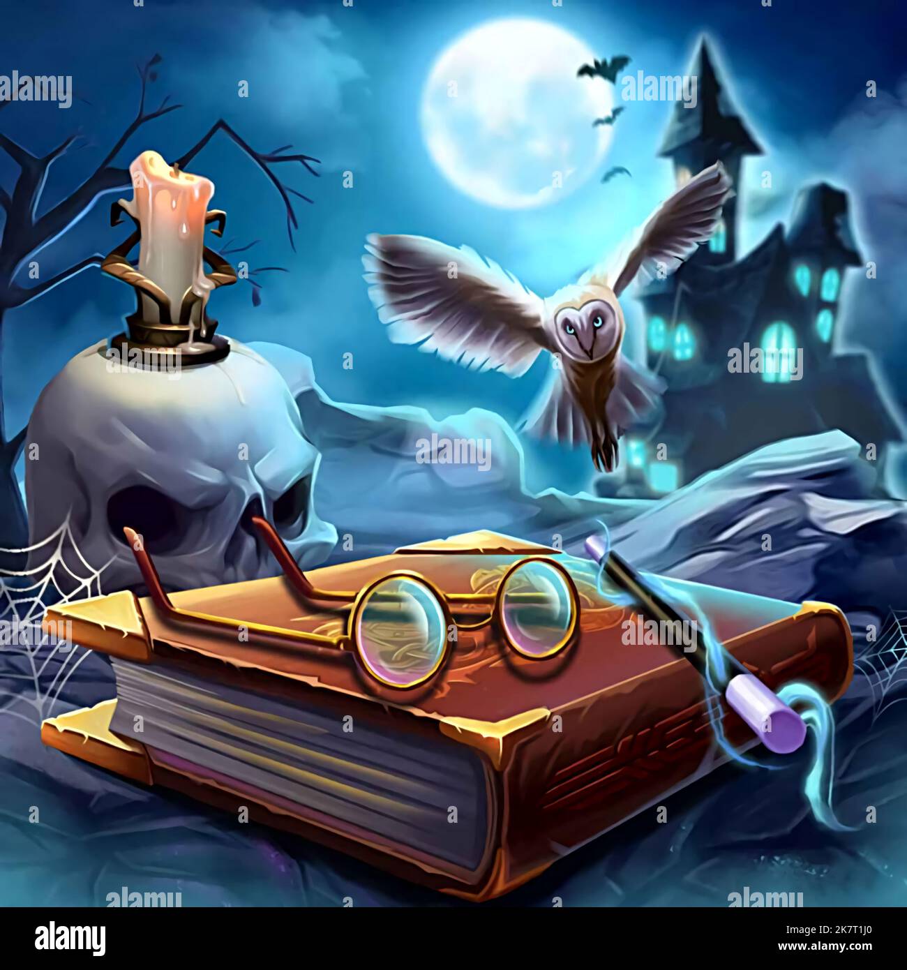happy halloween, owl, candle, skull, glasses, book, wand, against a ...