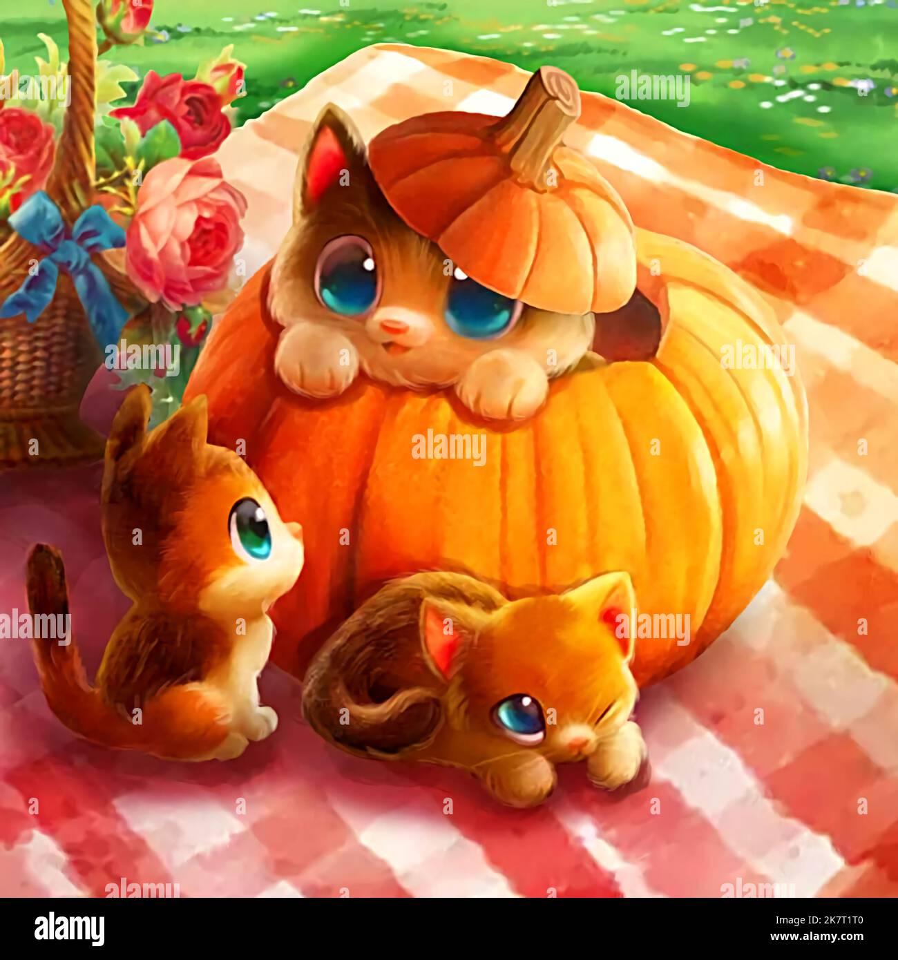 illustration of three cute kittens and a pumpkin Stock Photo - Alamy