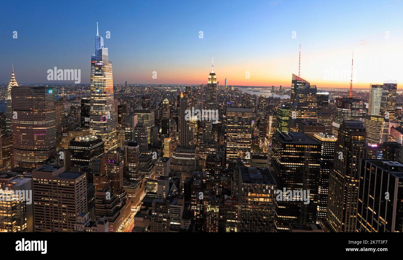 Aerial view of New York City skyline at dusk Stock Photo