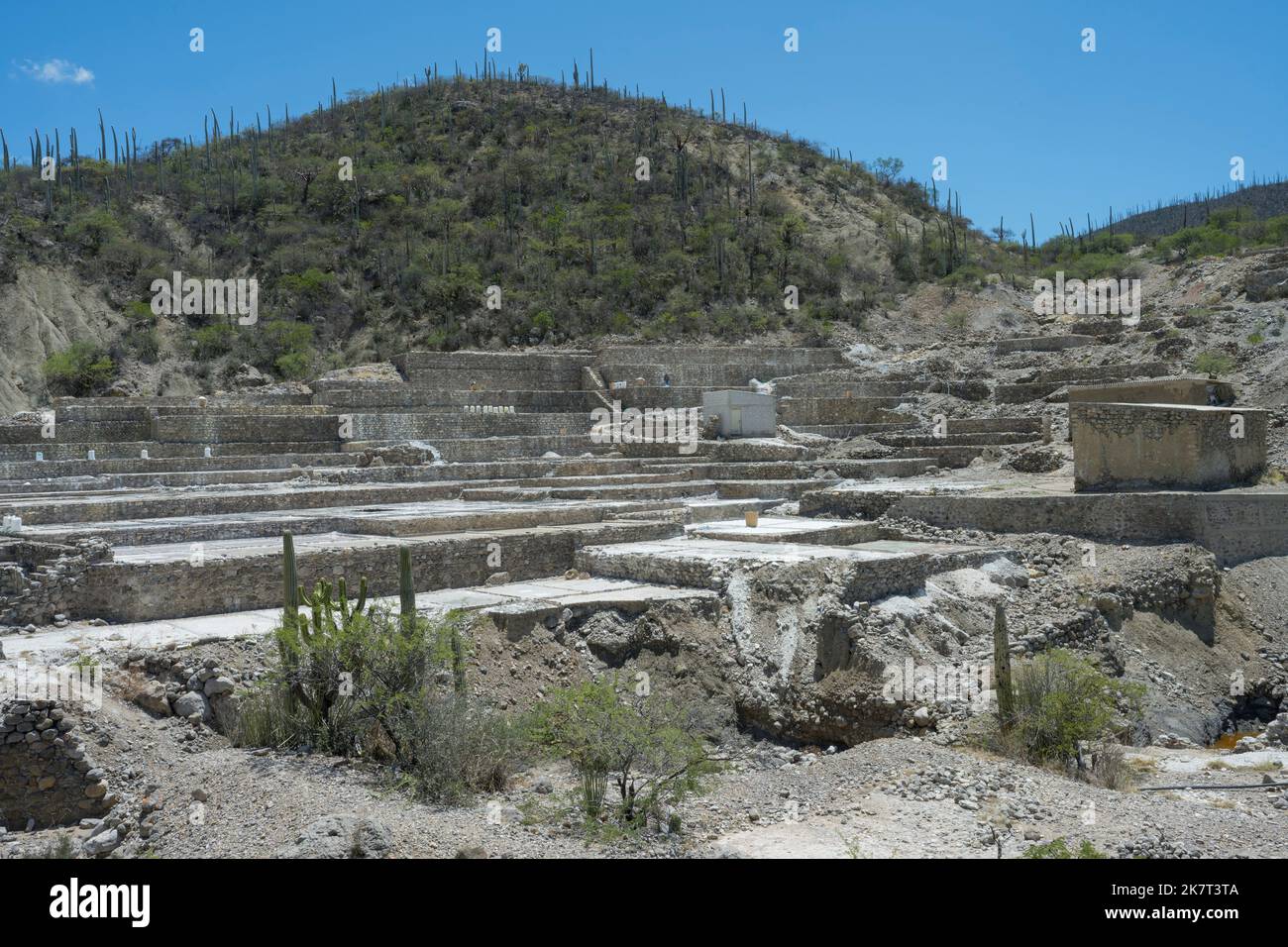 View of the saline pools at a salt mining operation in Zapotitlan de las Salinas, in the state of Puebla, Mexico. Stock Photo
