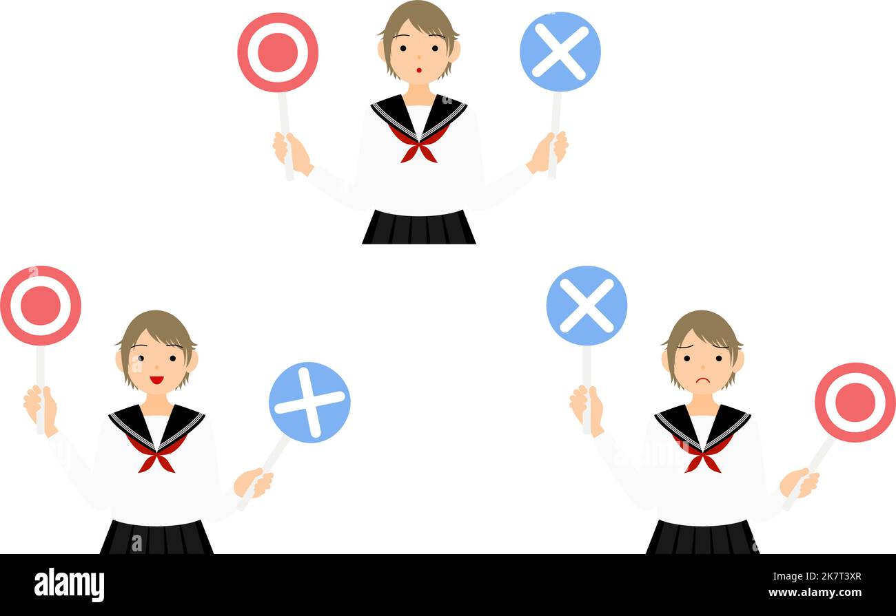 Set of a female student in white sailor's uniform answering a question