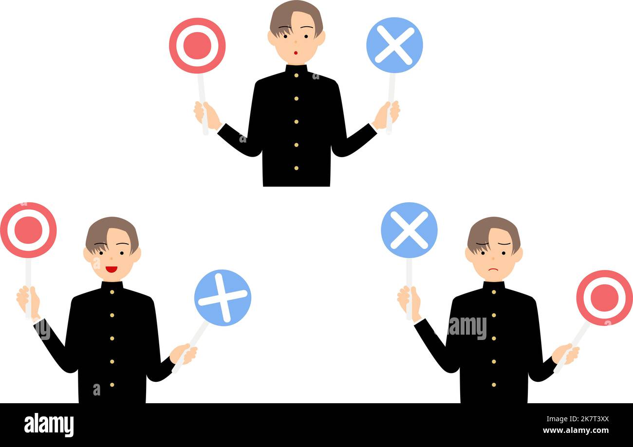 Set of boys in school uniforms answering questions with a Marubatsu