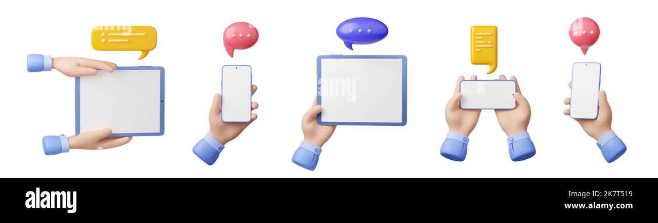 3D illustration set of hands with gadgets and chat message bubbles. People texting from smartphone, tablet with touchscreen in vertical, horizontal position. Communication in social media messenger Stock Photo