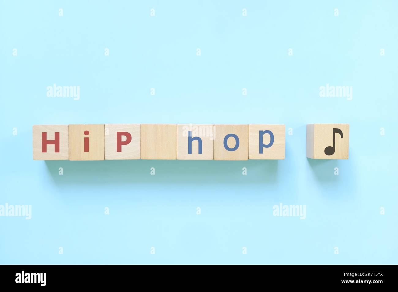 Hip hop music genre or style concept. Creative flat lay typography composition in blue background. Stock Photo