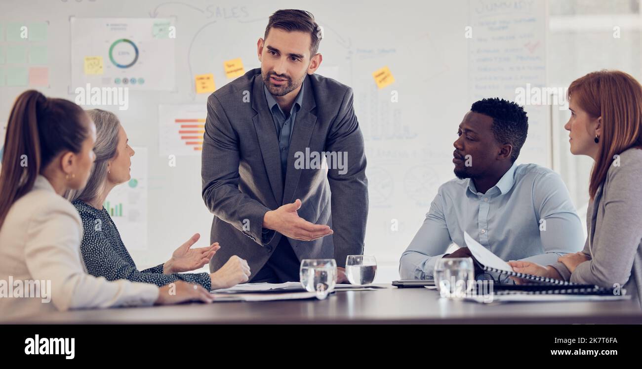 Businessman, speaker or presentation meeting with paper chart, infographic documents and survey