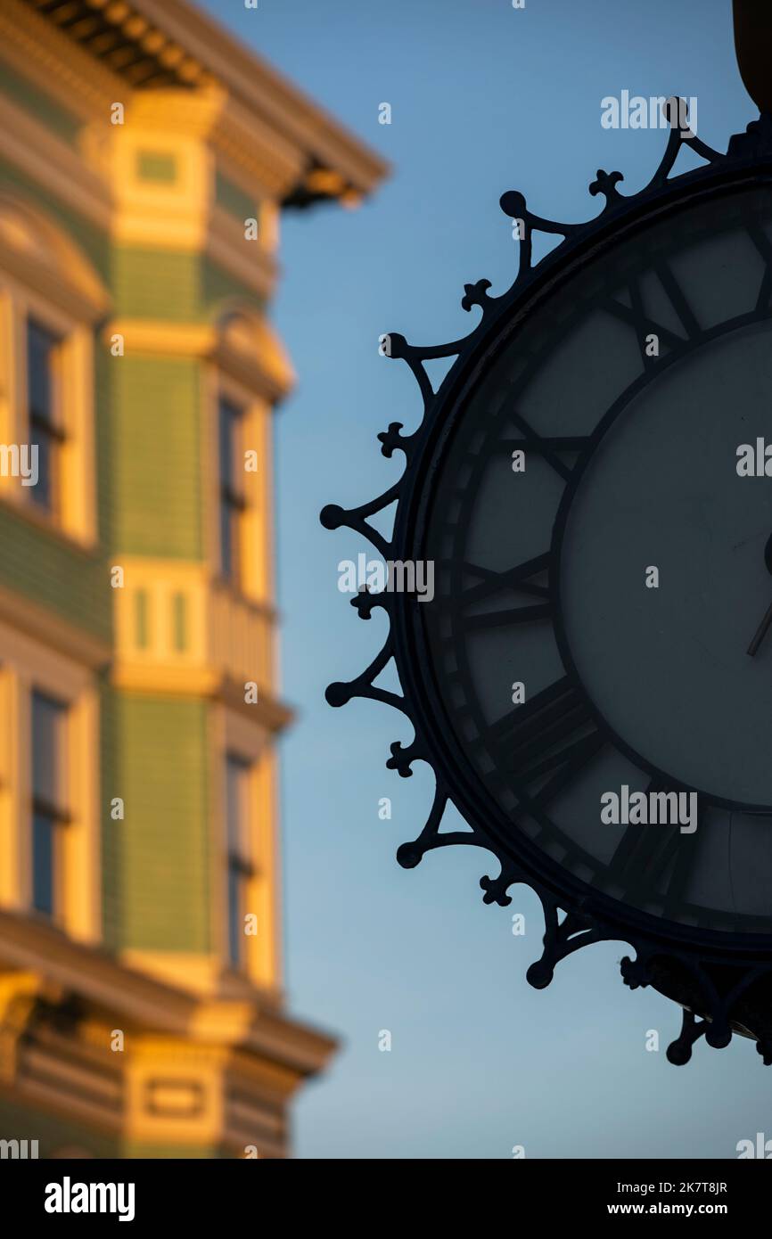 Historic clock framed view of downtown Eureka, California, USA Stock