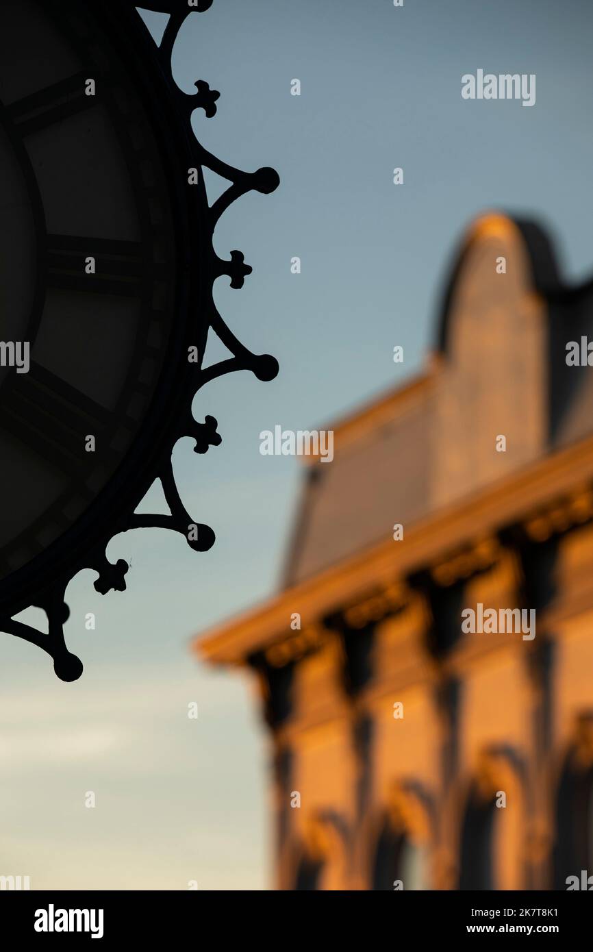 Historic clock framed view of downtown Eureka, California, USA Stock