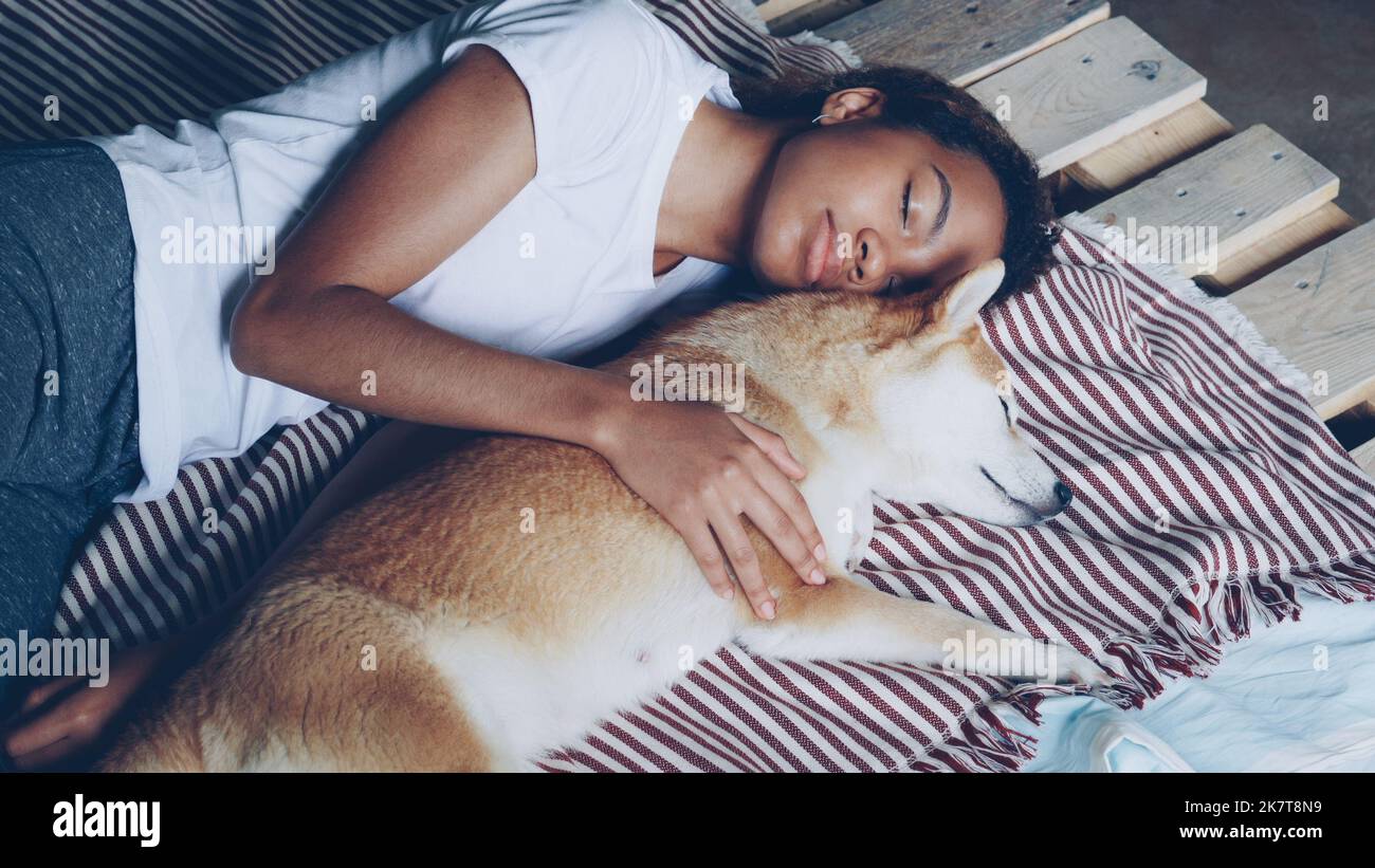 Teenage Girl Sleeps Her Dog Bed Stock Photo 1947960877