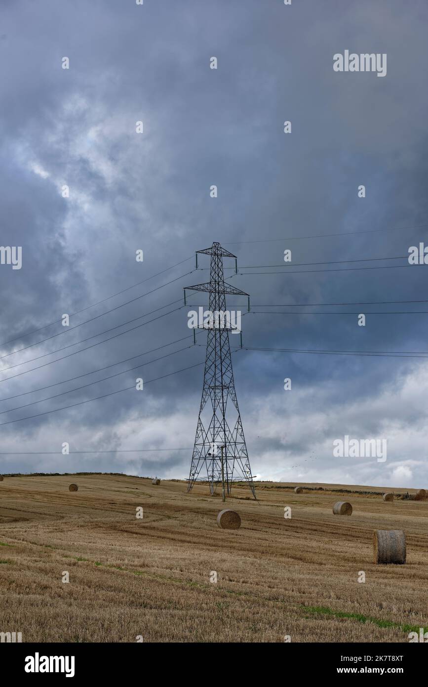 one of the large Electricity Pylons of the National Grid situated in a harvested Field in the Village of Aberlemno in Angus, Scotland. Stock Photo