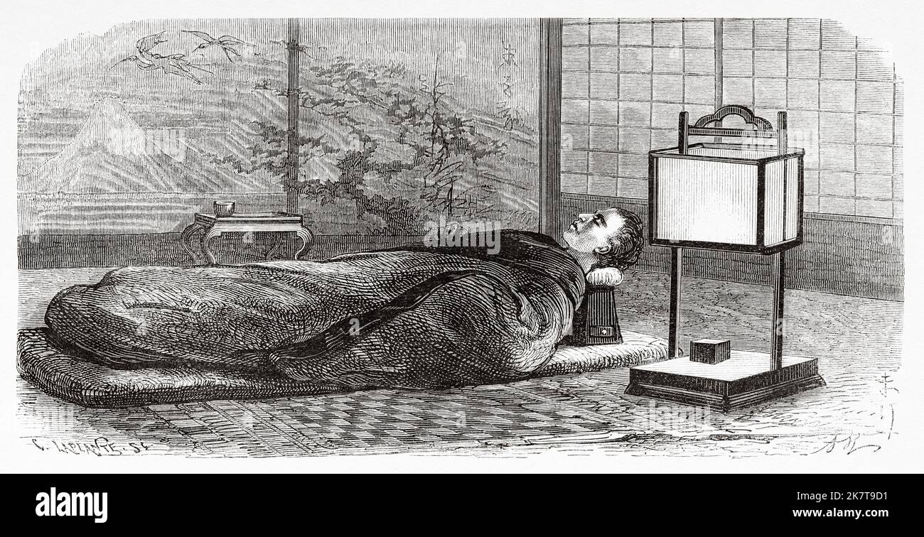 A traditional japanese bed, Japan. An adventure in Japan by Eugene Collache, 1868-1869 Stock Photo