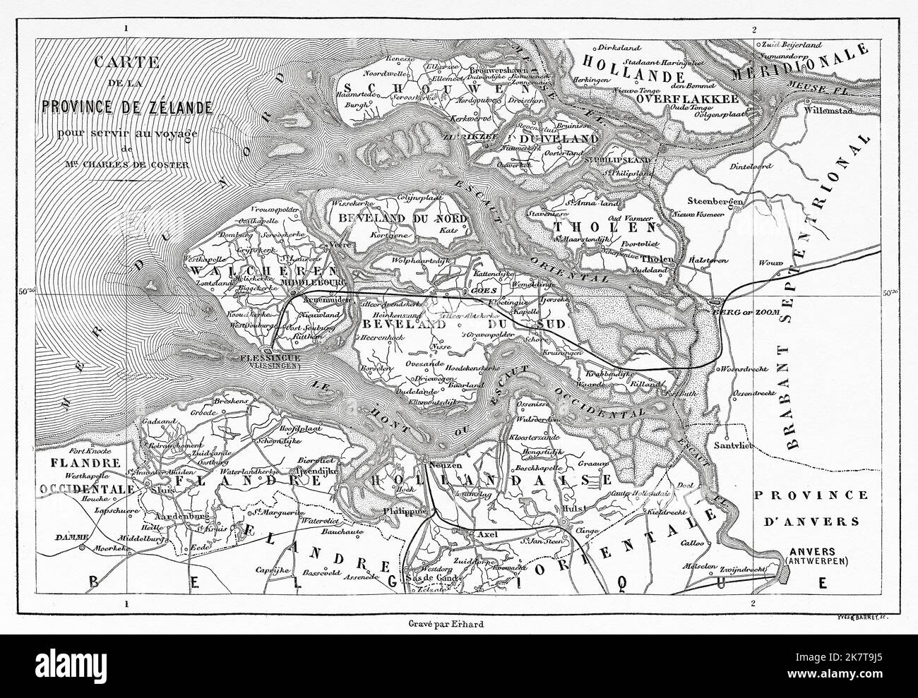 Zeeland province map, Netherlands, Europe. Trip to the Zeeland by Charles De Coster 1873 Stock Photo