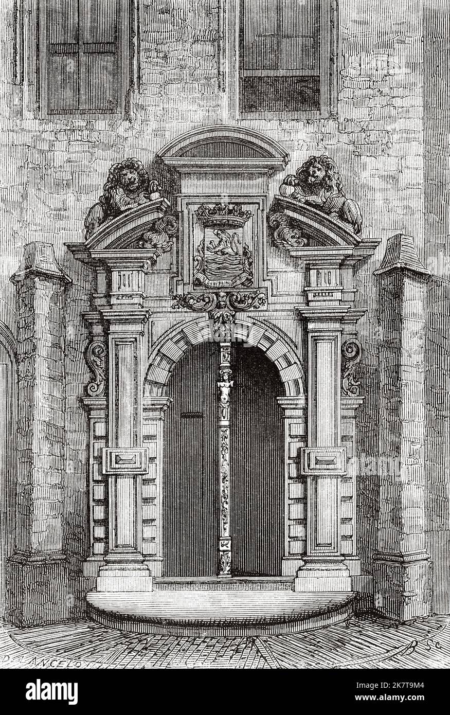 Door to the Province building, Middelburg abbey. Netherlands, Europe. Trip to the Zeeland by Charles De Coster 1873 Stock Photo