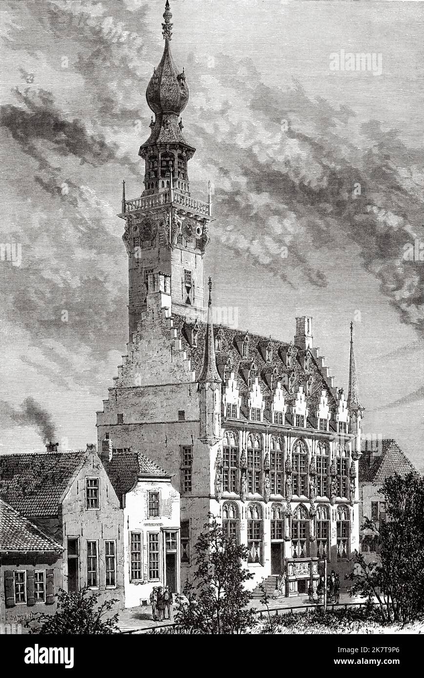 Veere town hall. Netherlands, Europe. Trip to the Zeeland by Charles De Coster 1873 Stock Photo