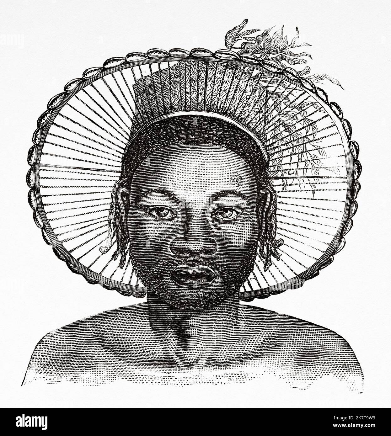 Zande woman's hairstyle, Democratic Republic of the Congo. Africa. Heart of Africa Three years travels and adventures in the unexplored regions of Central Africa by Georg August Schweinfurth, 1868-1871 Stock Photo