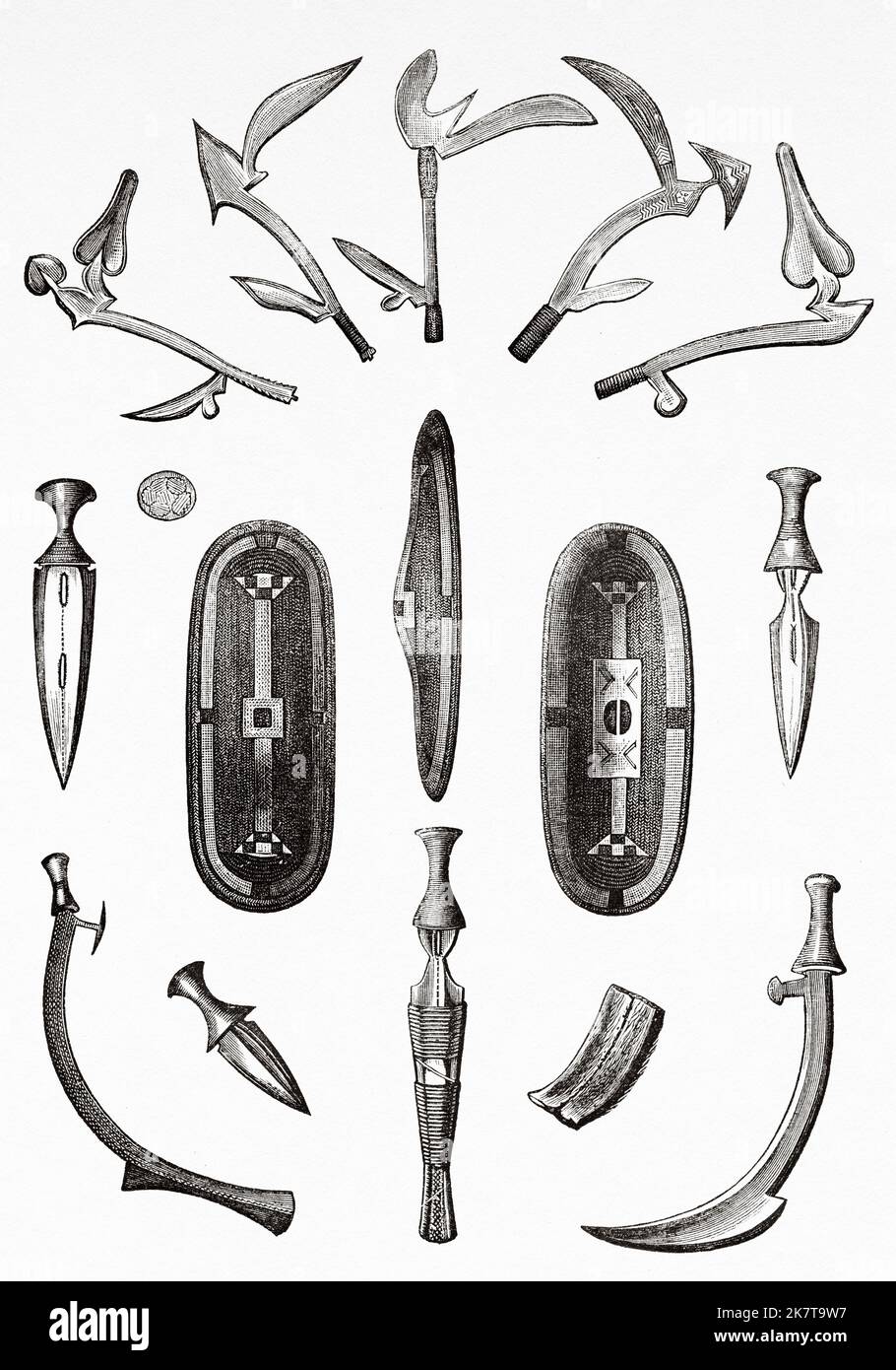 Weapons of the Zande warriors. Troumbaches, knives, sabers and shields, Democratic Republic of the Congo. Africa. Heart of Africa Three years travels and adventures in the unexplored regions of Central Africa by Georg August Schweinfurth, 1868-1871 Stock Photo