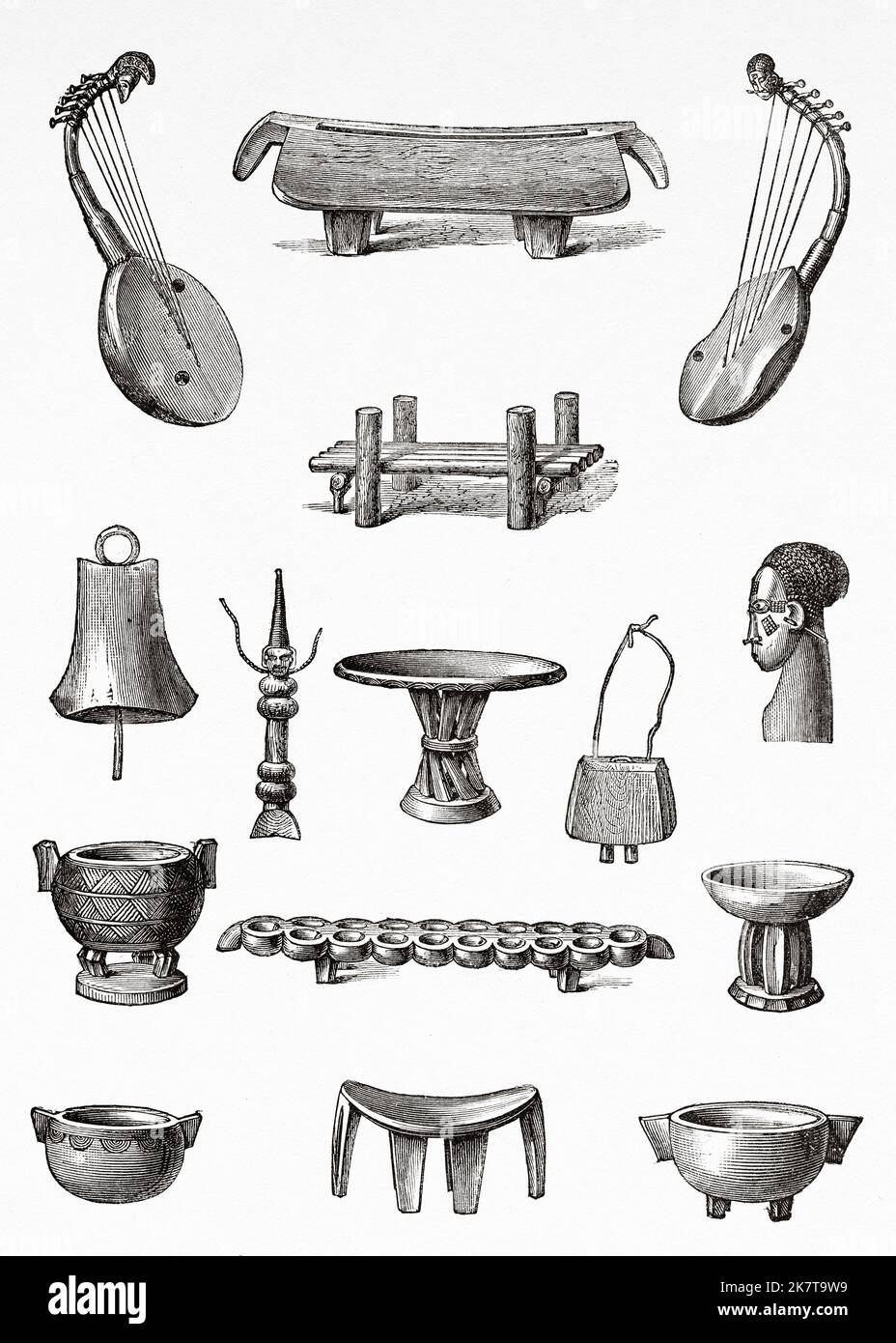 Traditional musical instruments and small utensils of the Zande people, Democratic Republic of the Congo. Africa. Heart of Africa Three years travels and adventures in the unexplored regions of Central Africa by Georg August Schweinfurth, 1868-1871 Stock Photo