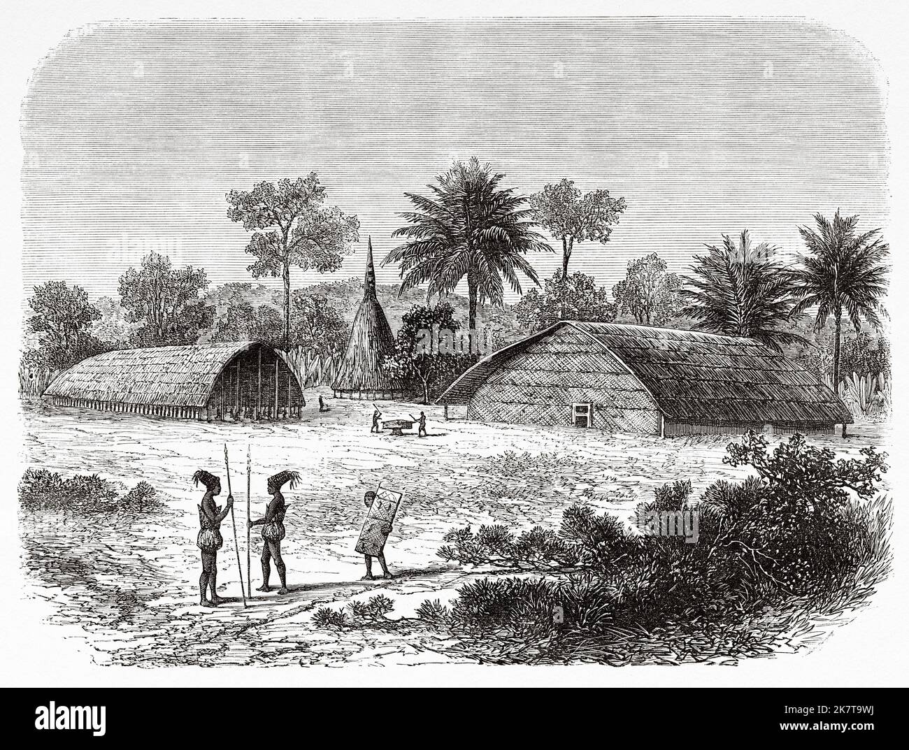 Outbuildings to the residence of Munza, king of Mombuttu, Democratic Republic of the Congo. Africa. Heart of Africa Three years travels and adventures in the unexplored regions of Central Africa by Georg August Schweinfurth, 1868-1871 Stock Photo