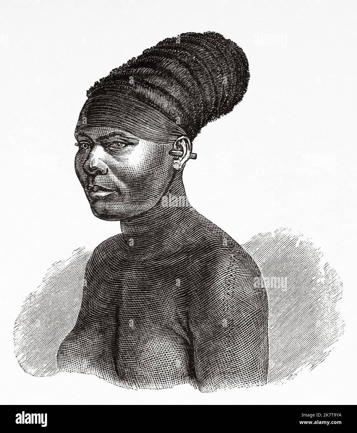 Mombuttu woman, Democratic Republic of the Congo. Africa. Heart of Africa Three years travels and adventures in the unexplored regions of Central Africa by Georg August Schweinfurth, 1868-1871 Stock Photo