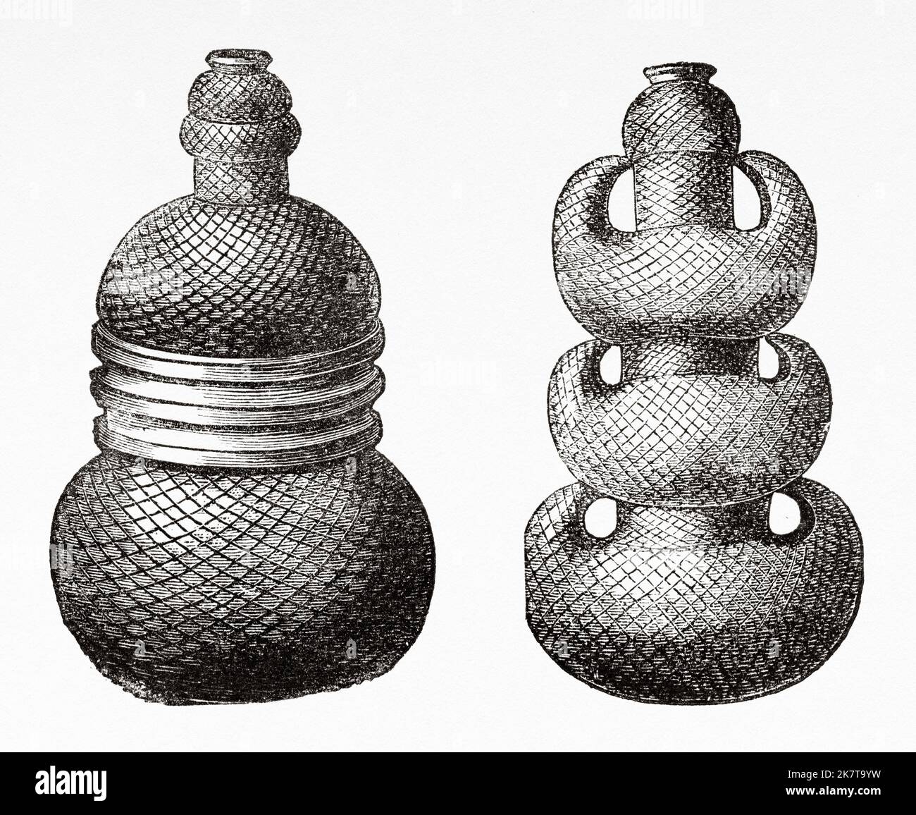 Types of traditional jugs of the Golo people, Democratic Republic of the Congo. Africa. Heart of Africa Three years travels and adventures in the unexplored regions of Central Africa by Georg August Schweinfurth, 1868-1871 Stock Photo