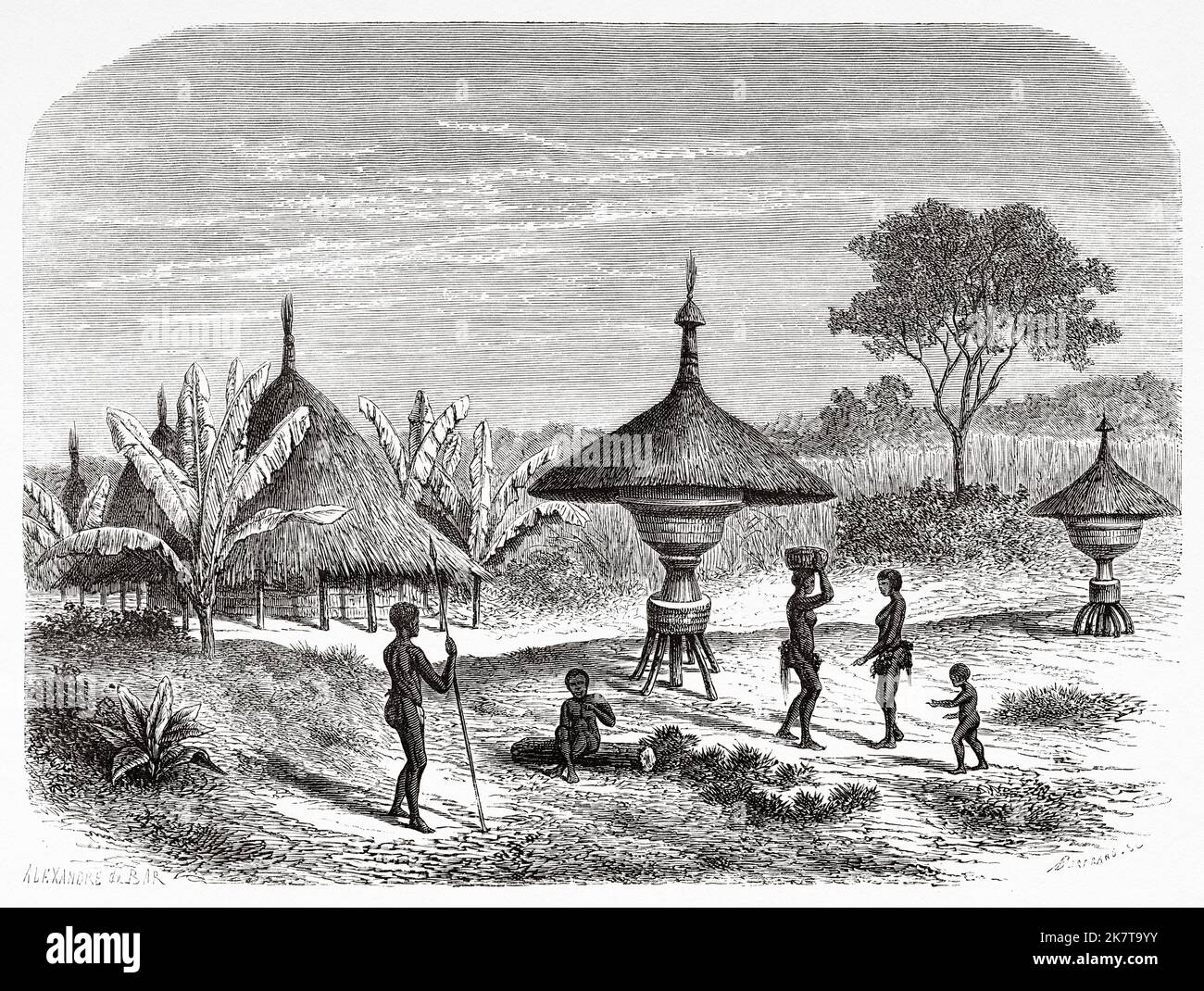 Granaries in a Golo people village, Democratic Republic of the Congo. Africa. Heart of Africa Three years travels and adventures in the unexplored regions of Central Africa by Georg August Schweinfurth, 1868-1871 Stock Photo