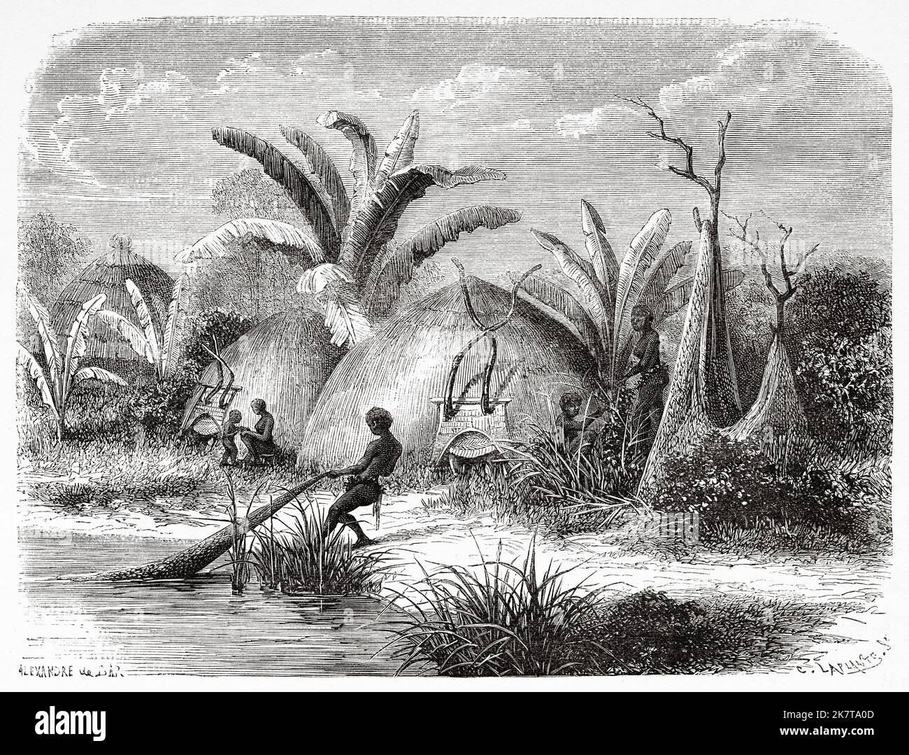 Huts in a Kredi village, Democratic Republic of the Congo. Africa. Heart of Africa Three years travels and adventures in the unexplored regions of Central Africa by Georg August Schweinfurth, 1868-1871 Stock Photo