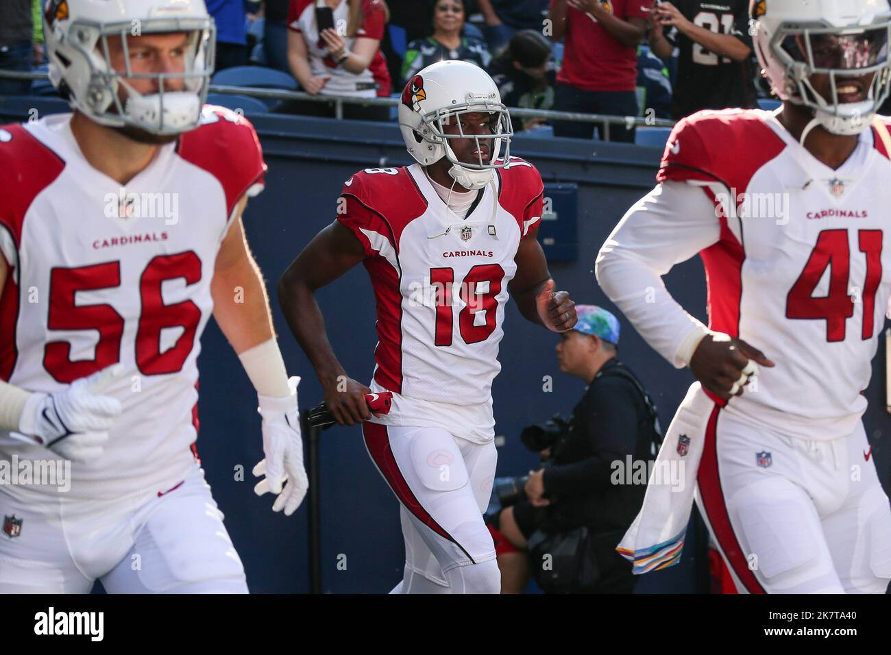 October 16, 2022: Arizona Cardinals wide receiver A.J. Green (18) runs out of the tunnel before an NFL football game in Seattle, WA. Sean Brown/CSM Stock Photo